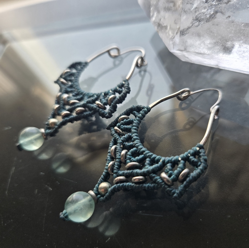 Handmade macrame bohemian festival earrings, prehnite, emerald green, mandala